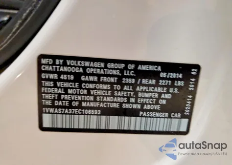 2014 Volkswagen Passat S from USA, damaged, VIN 1VWAS7A37EC106593